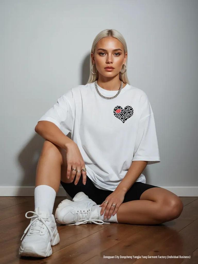 Women's Stylish Heart Print Cotton Short Sleeve Top - Trendy & Versatile Summer Arrival