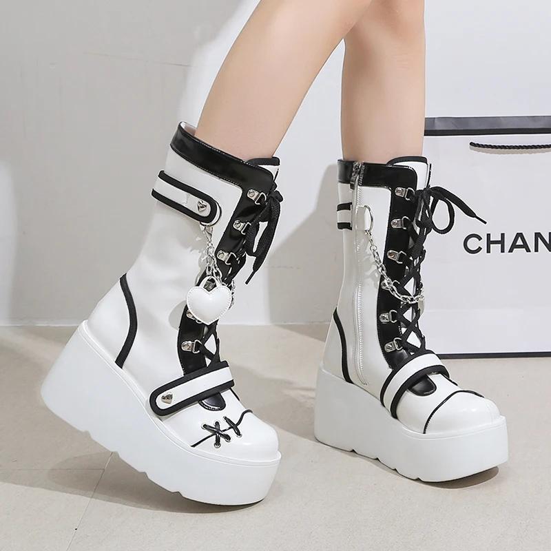 Women's Mid-Calf Boots 2025 New Fashion Chain Punk Boots Autumn 8CM High Heels Chunky Platform Motorcycle Boots for Woman