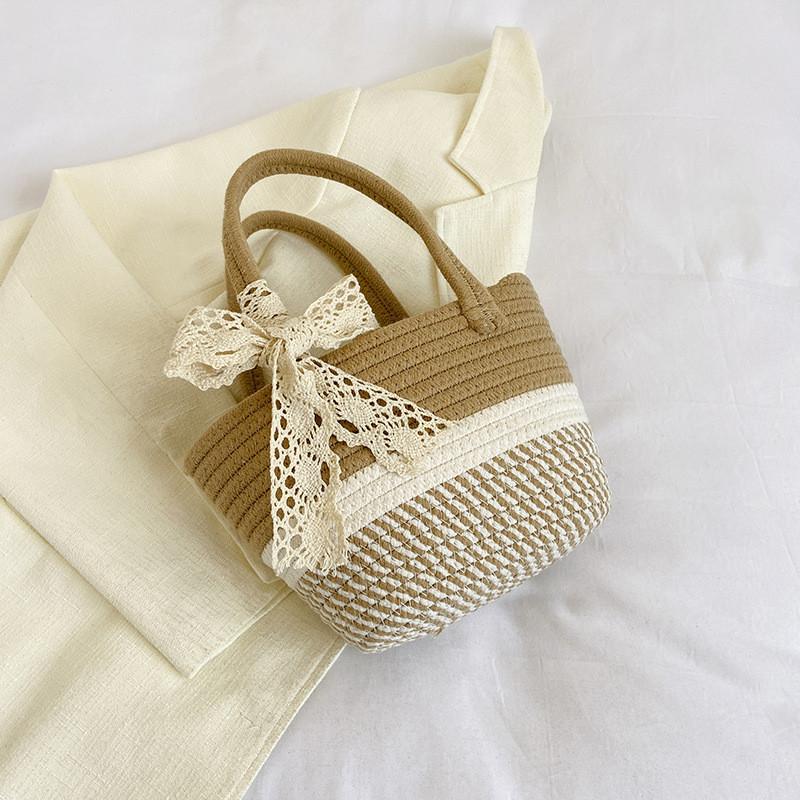 Stylish Woven Handheld Plaid Bucket Bag Large Capacity Trendy Girls Purse In Gray Khaki Pink