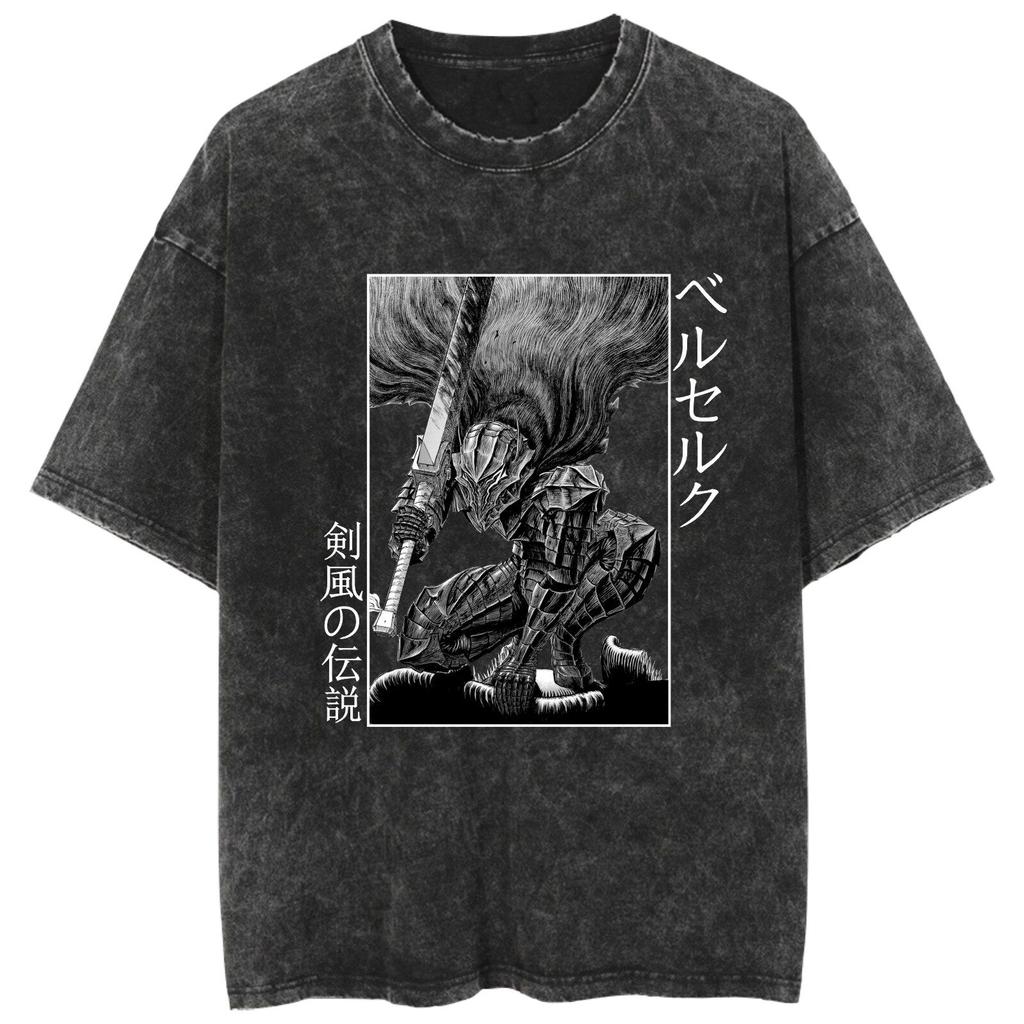Fit Summer Berserk Stained Leather Washed Vintage Short Sleeve Tshirt Warrior Shirt Retro High Street Loose Cotton Top
