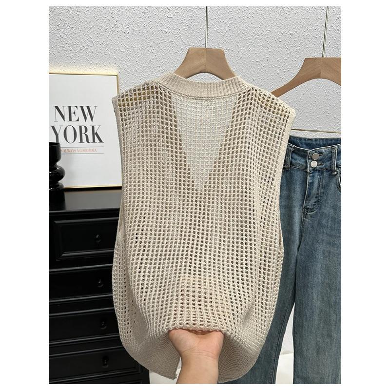 Gilet all'uncinetto con bottoni per donna, scollo a V, senza maniche, traforato, top, outfit estivo Boho Chic Vintage