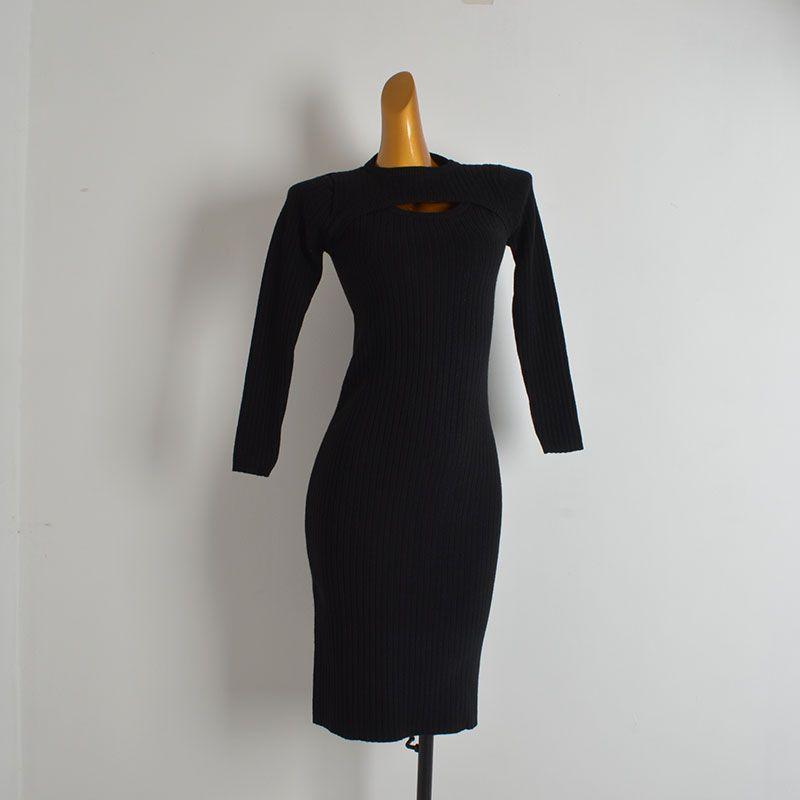 

Fall and Winter New Arrival Pure Color round Neck Cut Out Long Sleeves Knitting Dress Women s Clothing Silm Mid Length Long Length Bodycon Dress Black All yards