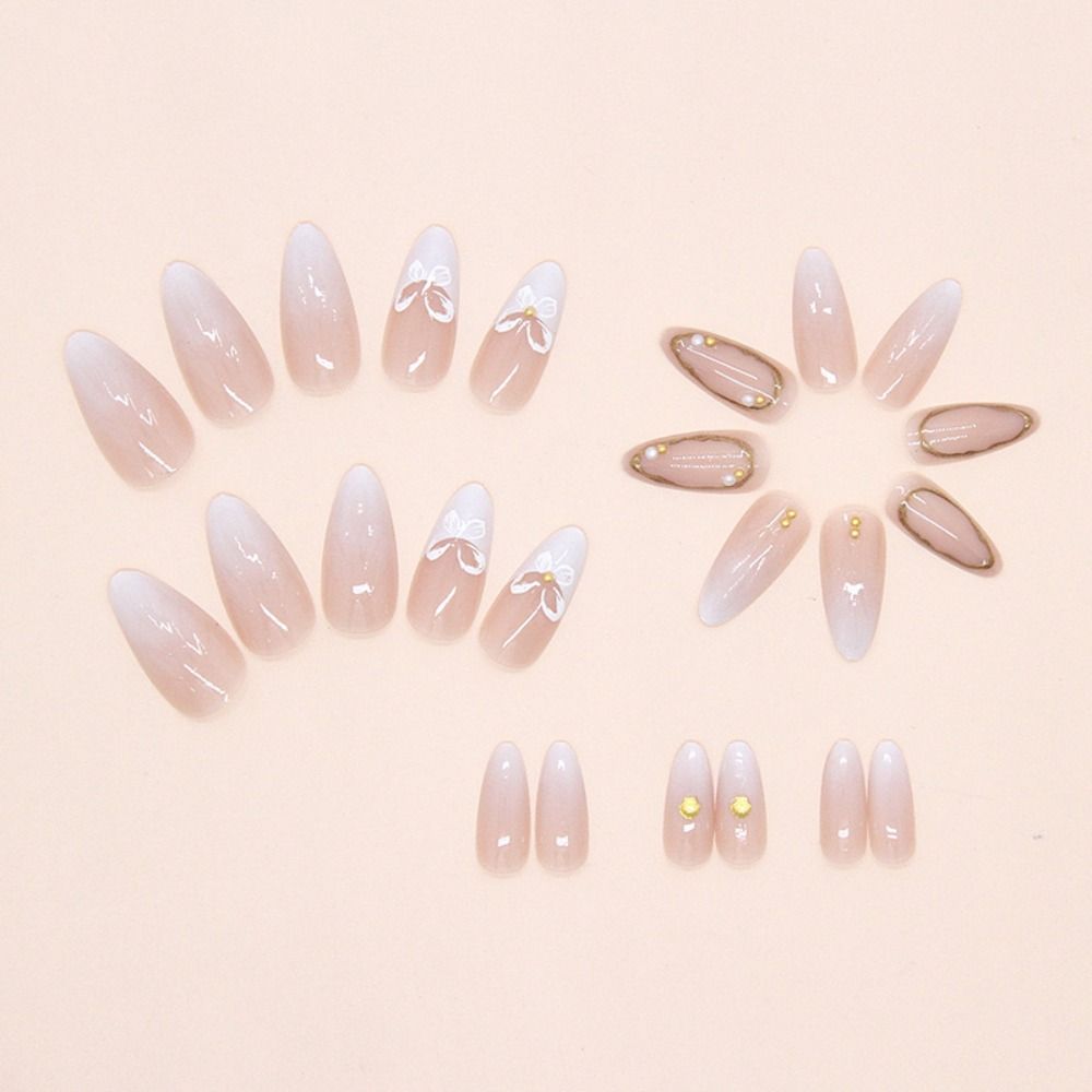24pcs Manicure Long Almond False Nails Gilded Flower Pearl French Fake Nials Detachable Star Bow Press on Nails Women