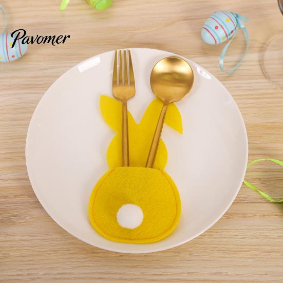 Easter Dinner Table Decor 4 Pcs Bunny Cutlery Holders, Felt Tableware Pouch Bags, Cute Rabbit Utensil Decorative Fork Spoon Sleeve, Spring Knife