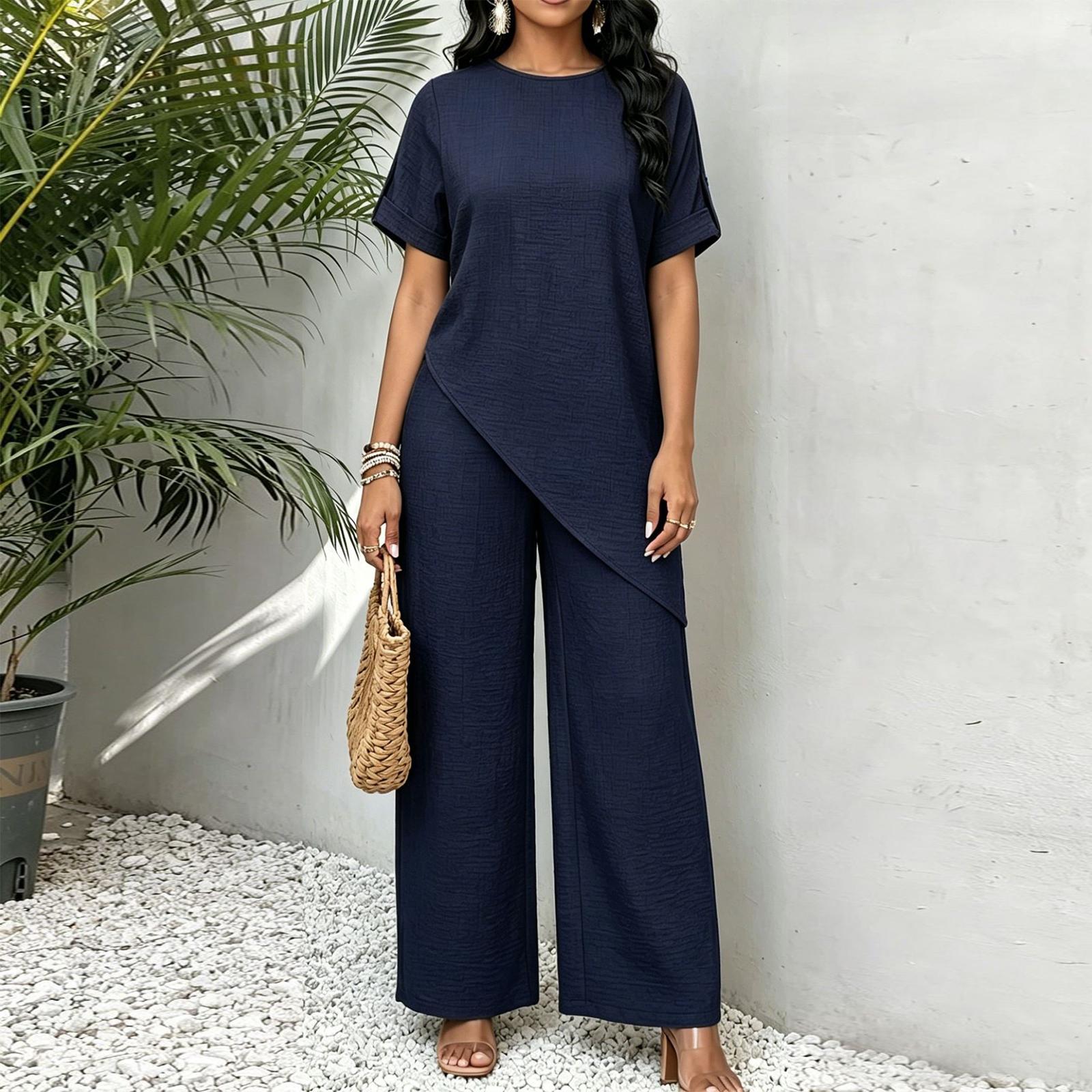 

Women Loose Fit Round Neck Irregular Hem Mid Length Top Wide Leg Pants Casual Two Piece Set XL