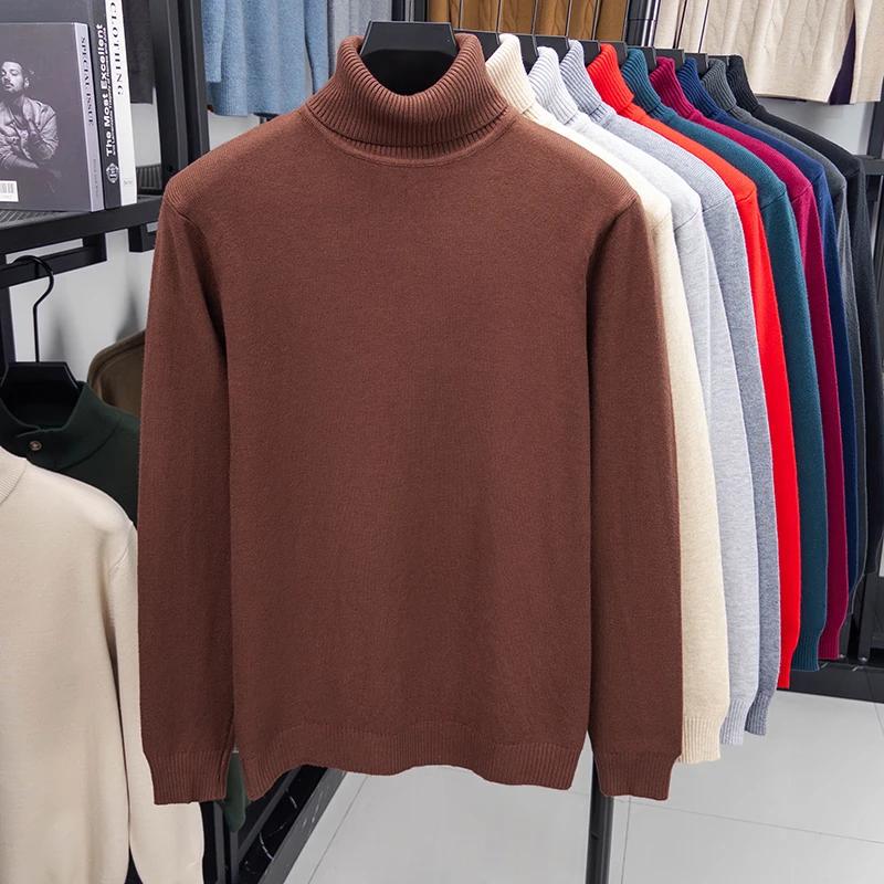 Autumn Mens Knitted Turtleneck Sweater Slim Fit Long Sleeve Anti-pilling Pullover Solid Color Trend Men Streetwear