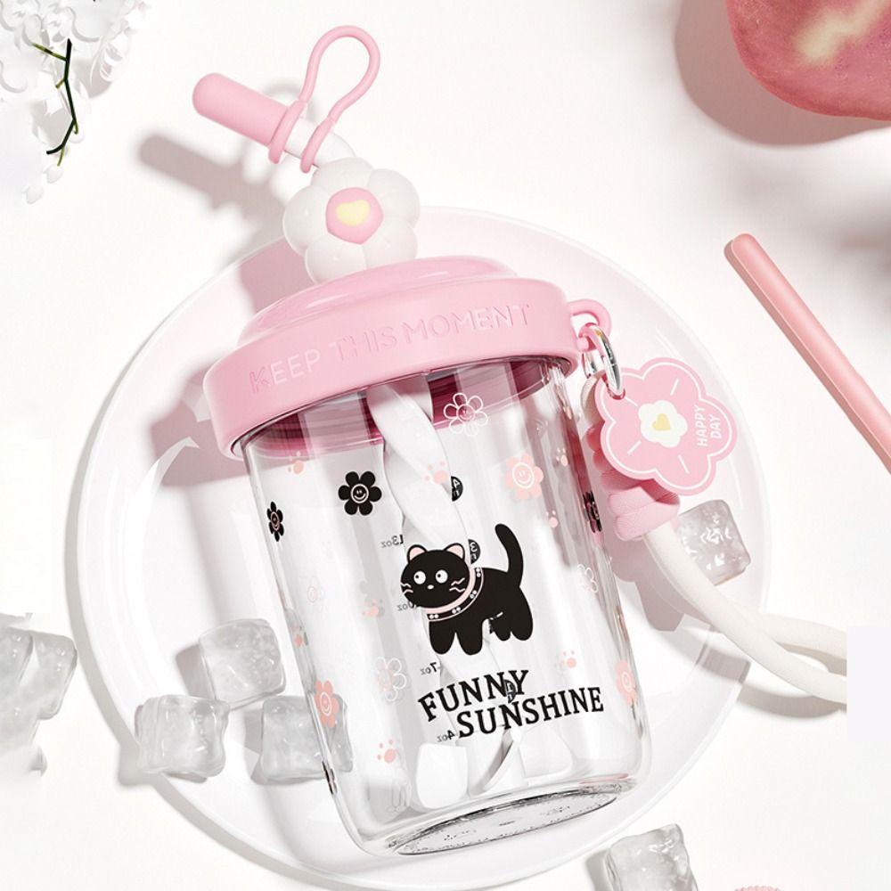 Kawaii 580ML Water Bottles Straw Dust Cap With Straw Drinking Cup High-capacity Portable Handle Stirring Cup Protein Shakese