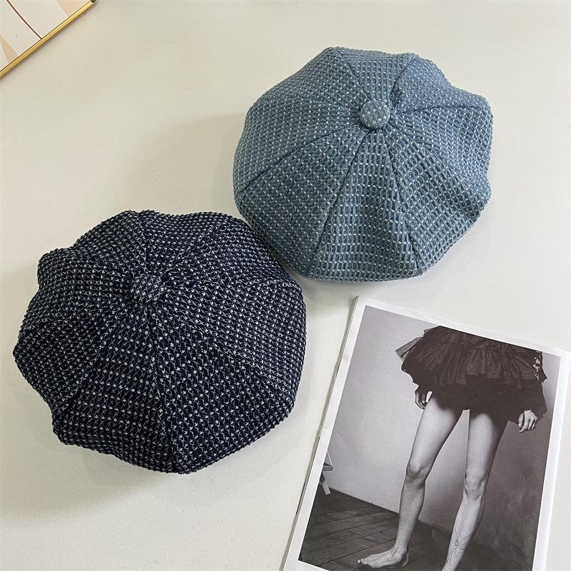 New plaid denim beret women's spring and autumn trend versatile octagonal pumpkin hat couple painter hat