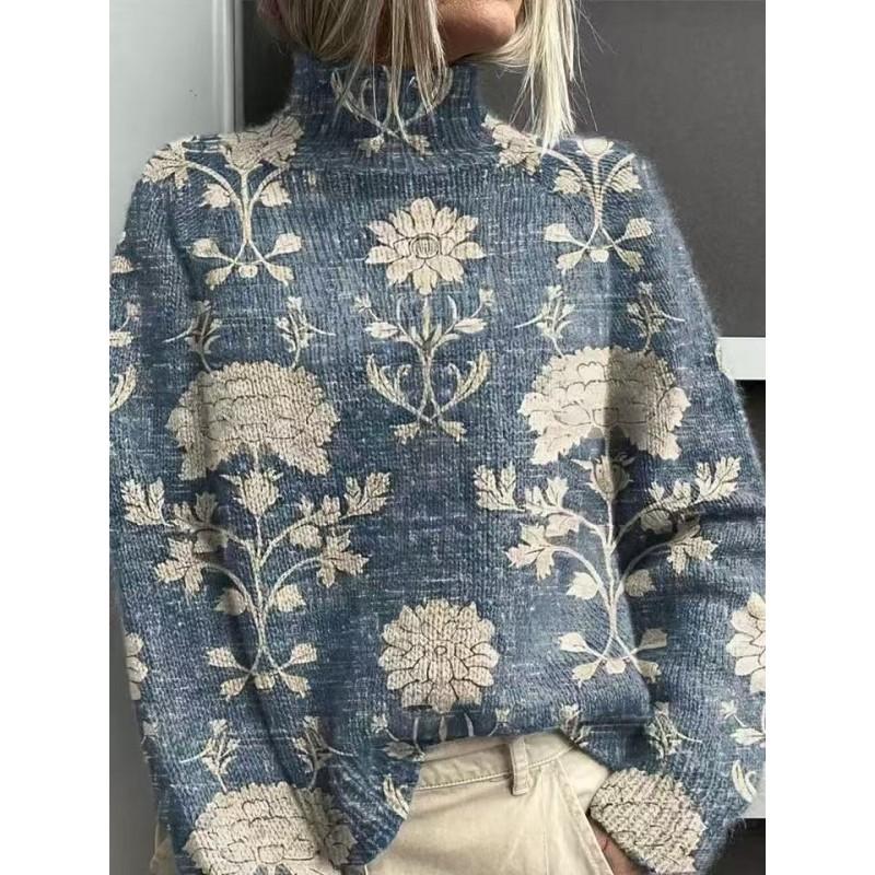 Womens Christmas Print High Neck Sweater Loose Fit Casual Long Sleeve Top