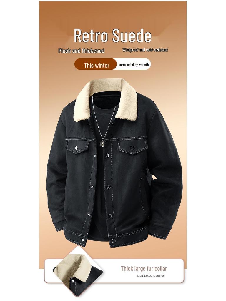 Men's American Retro Suede Plush Top Coat - Casual Winter Jacket with Extra Velvet and Thickness.