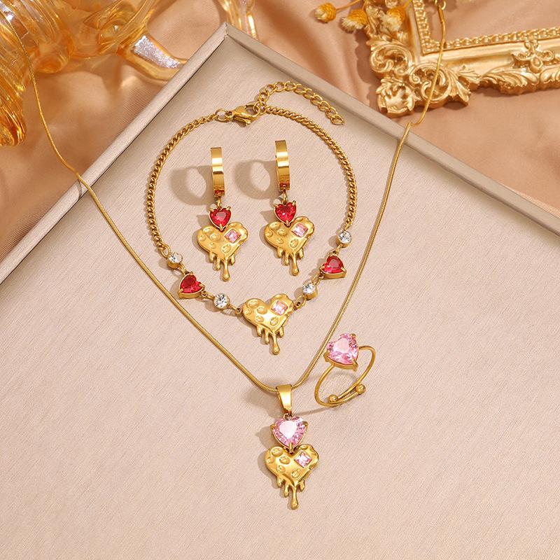 Titanium Steel Necklace, Bracelet, Earrings, Ring, Luxury-style Set with Sparkling Diamonds, Heart-shaped Design