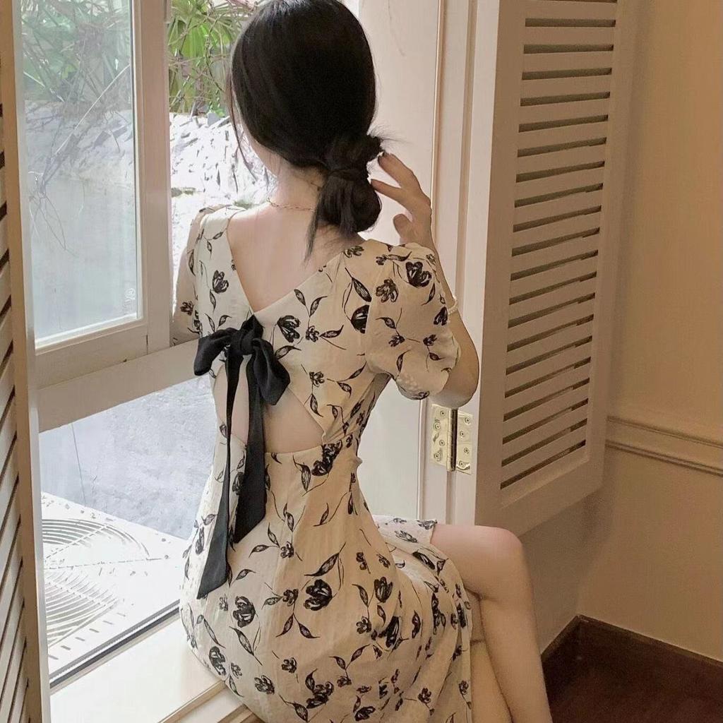 French Light Luxury Summer New Cold Style Temperament Celebrity Niche Design Backless Floral Dress