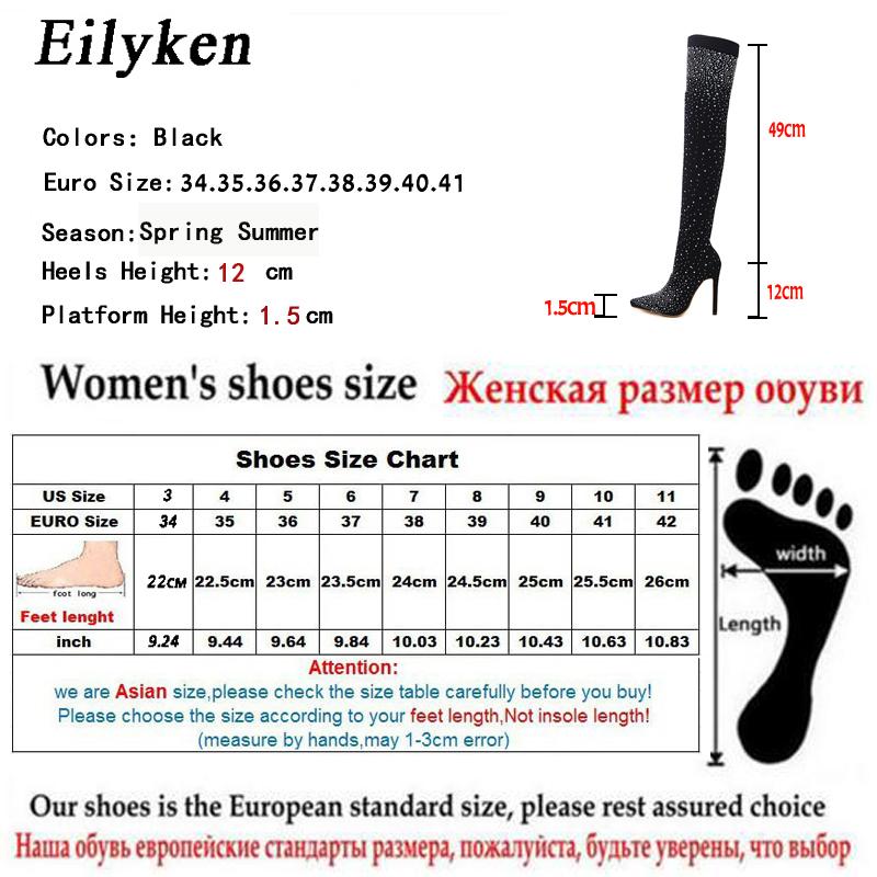 Fashion Eilyken Design Fashion Pointed Toe Bling Over Knee Boots Crystal Long Women Thigh High Heel Sexy Club Sock Botas Mujer
