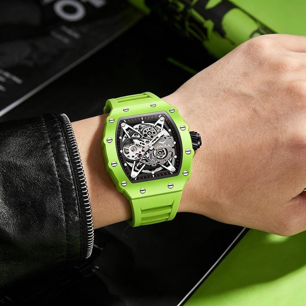 Automatic Skeleton Watch Mens Waterproof Luminous Tonneau Mechanical Wrist Watch Silicone Band