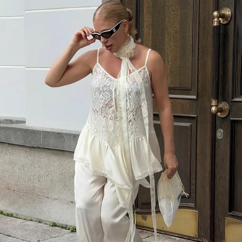Casual Loose Lace Vest Women See Through Sexcay T Shirt Top V Neck Splice Hot Girl Summer Casual Party Commuting Tanks