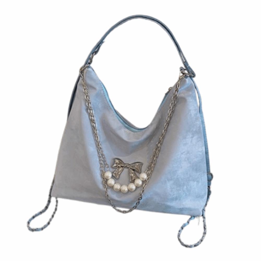 

Retro Women s Shoulder Bag PU Leather Lightweight Student Tote Bag Large Capacity Butterfly Pearl Chain Convertible Backpack синий