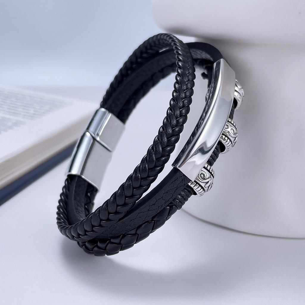 Vintage Stainless Steel Men 'S Multi -Layered Braided Leather Bracelet Alloy Bracelet 