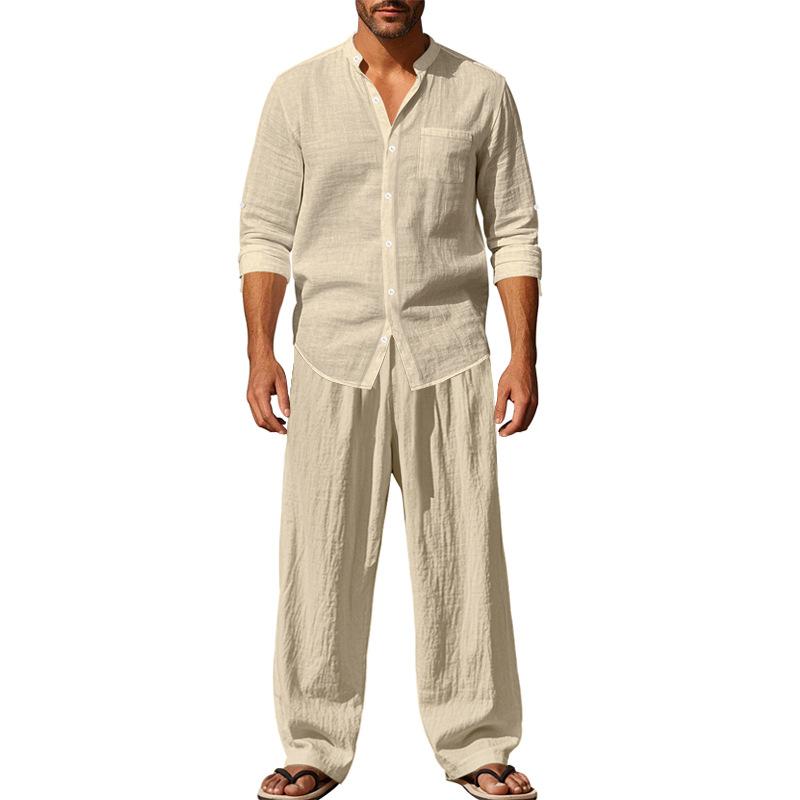 Four Seasons Linen Men's Casual Loose Breathable Long-sleeved Trousers Shirt Beach Suit