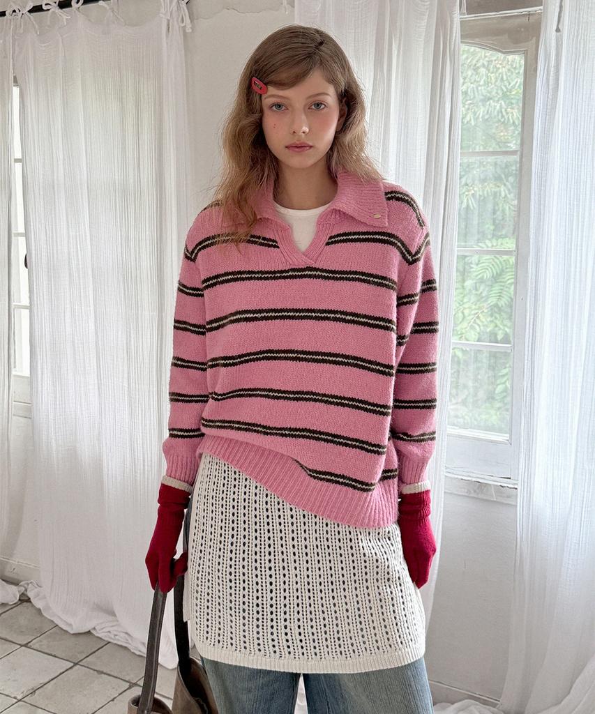 Teuwi Le Moon Striped Collar Loose Fit Knit