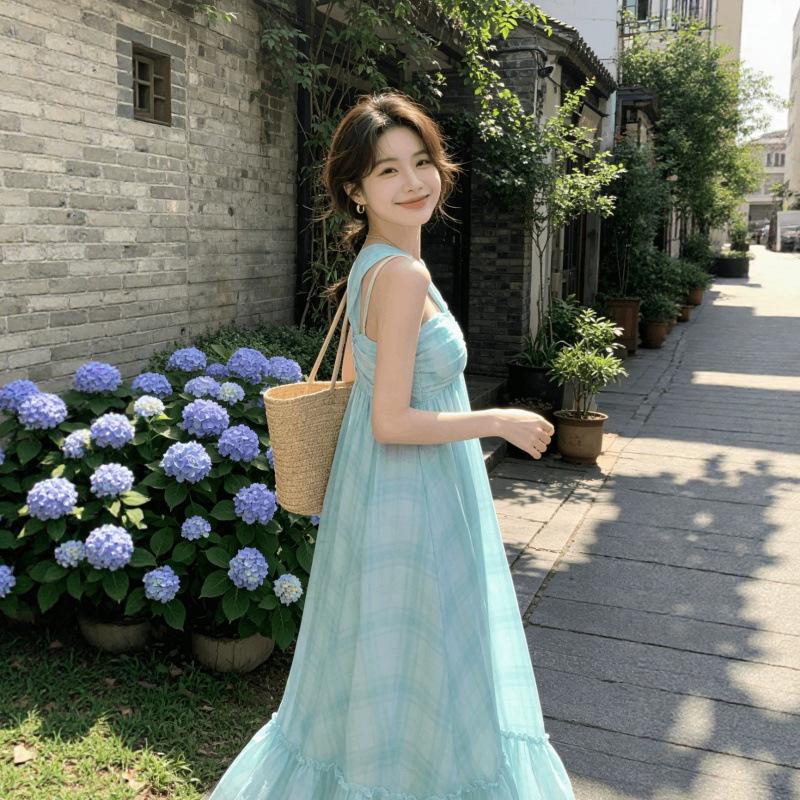 Seaside Vacation Neck Strap Chest Pad Beach Dress Summer Feeling Big Swing Dress