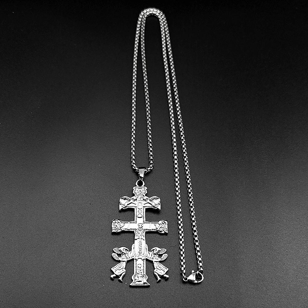 Catholic INRI Caravaca Cross Jesus Crucifix Cherub Angel Pendant Necklace for Women Men Stainless Steel Orthodox Jewelry Gift