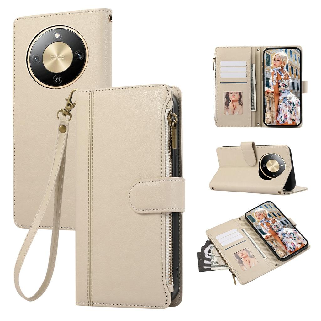 Phone Case For Honor Magic8 Lite 5G / X9d 5G / X70 5G Multi Card Slots Zipper Leather Phone Cover with Wrist Strap