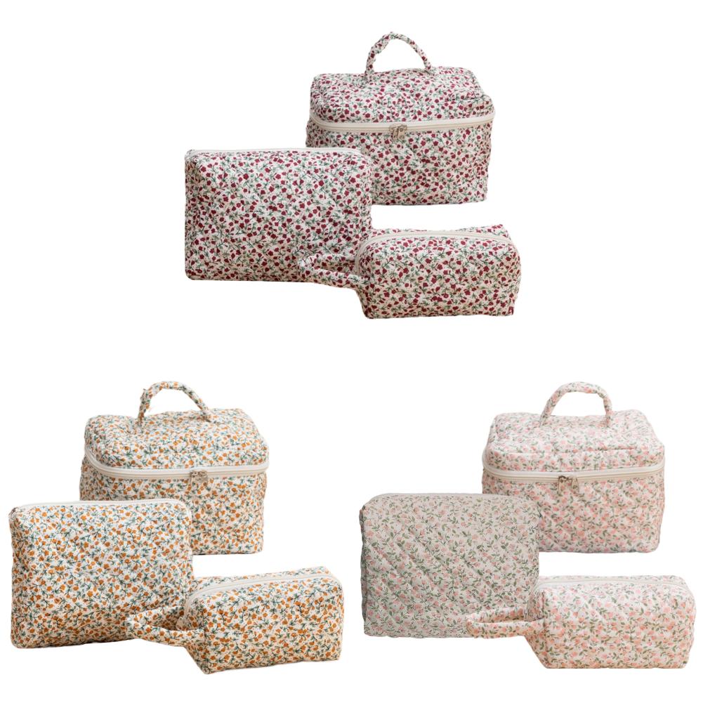 

LF# 3Pcs Floral Makeup Bag Cotton Quilted Cosmetic Bag Toiletry Bag for Women (R