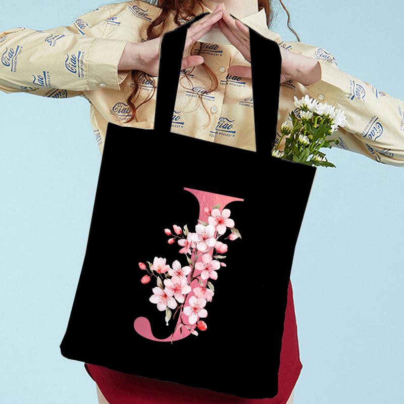 Pink Sakura Handbags Women Eco Reusable Tote Bag Cherry Blossom College Canvas Bag Vintage Sakura Alphabet Ladies Shoulder Bag