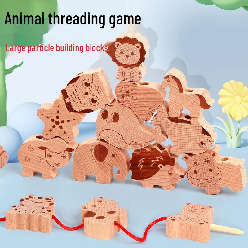 Beech Wood Animal Stringing Blocks - Educational Wooden Bead Toy for Children