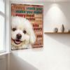 Rustic Vintage Dog Bichon Frise Metal Tin Sign Whimsical Happy Dog Wall Plaque for Home Kitchen Decor, Distressed Wooden Texture