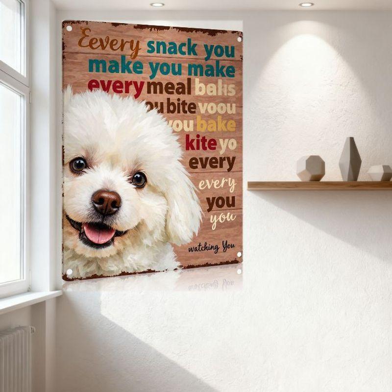 Rustic Vintage Dog Bichon Frise Metal Tin Sign Whimsical Happy Dog Wall Plaque for Home Kitchen Decor, Distressed Wooden Texture