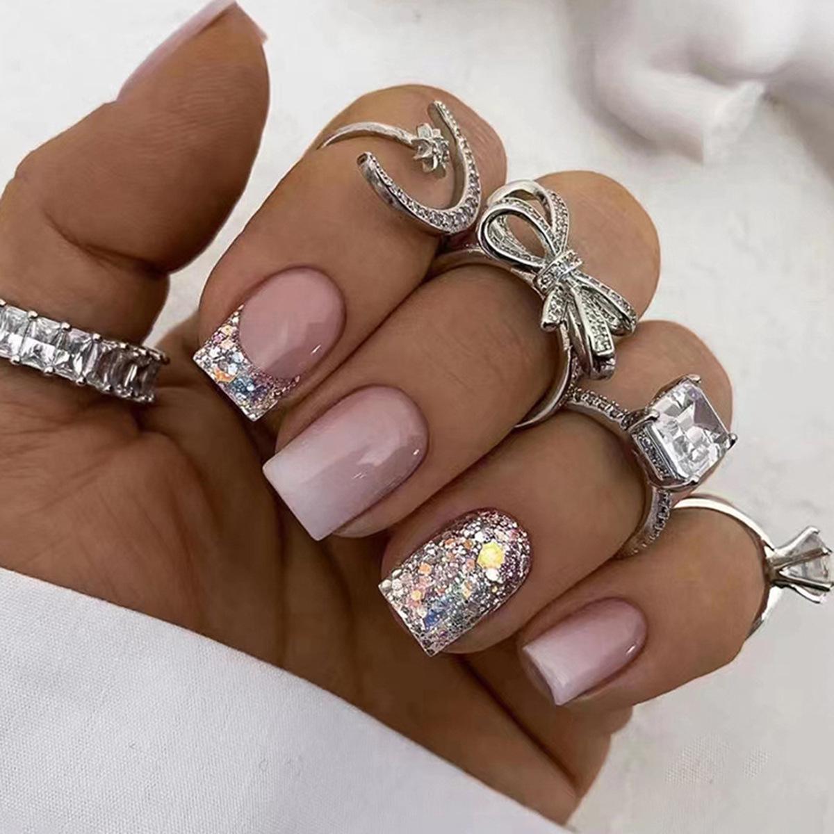

European-American Red Ruby Glitter French Ombre Square Manicure