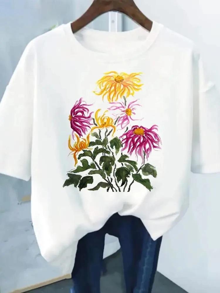 Womens Gorgeous Colorful Flower Cluster Short Sleeve TShirt Retro Floral Combination Print Top Daily Loose Crew Neck Shirt