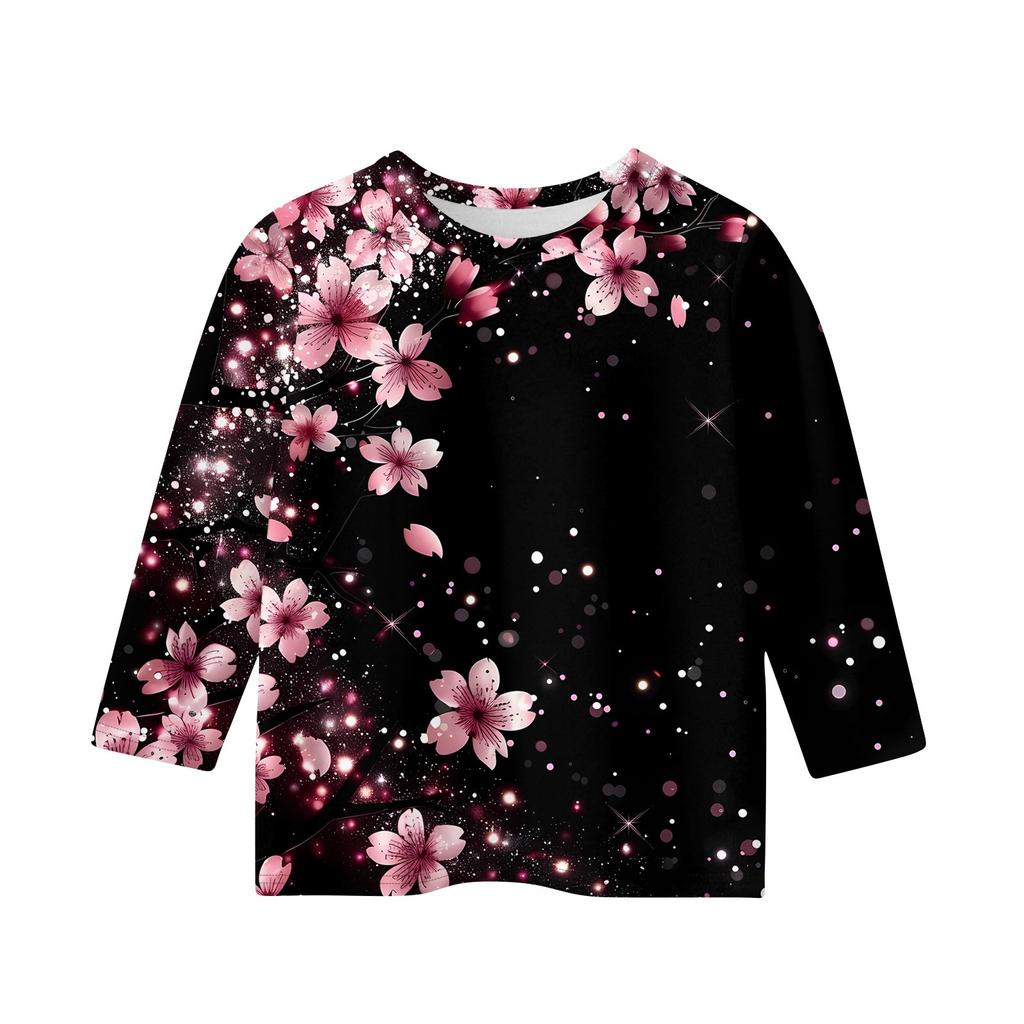 Children's 3/4 Sleeve Tops Casual Print T Shirt Round Neck Pullover Blouse
