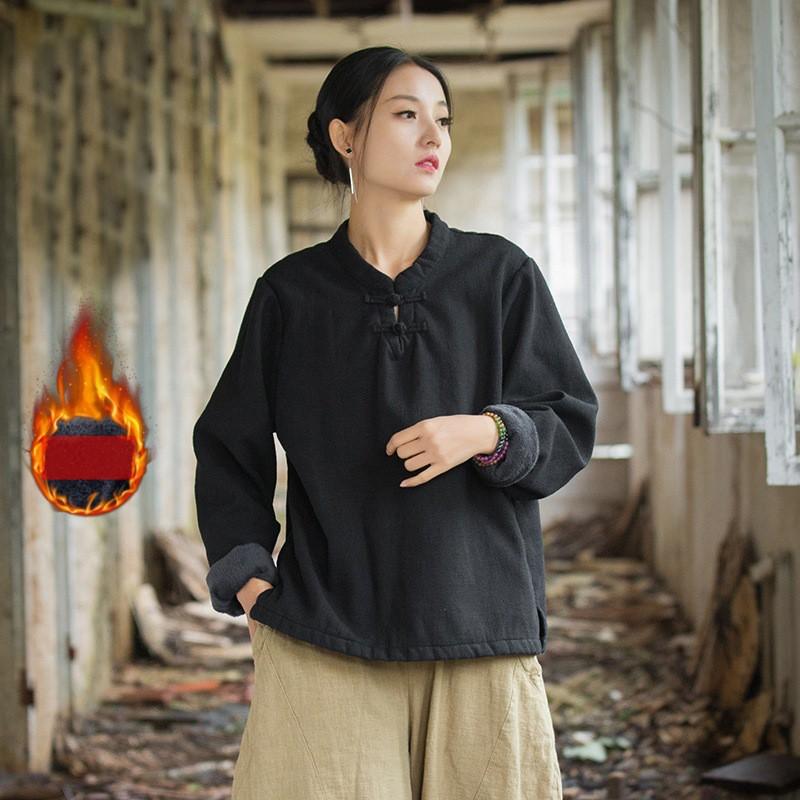 

Johnature Женские флисовые рубашки в китайском стиле, однотонные теплые топы, блузки с длинным рукавом, зимняя винтажная рубашка на пуговицах One Size