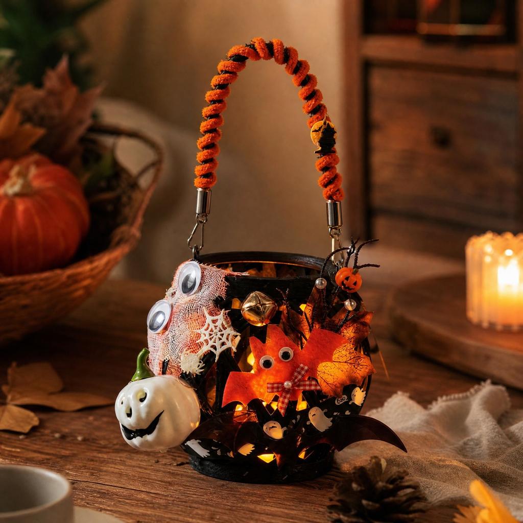 Halloween Pumpkin Handwoven with Carry Handle for Party Home Decor