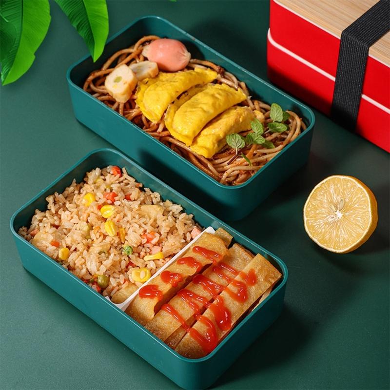 Mikrowellengeeigneter japanischer Lebensmittelbehälter, geräumige doppelstöckige Kunststoff-Bento-Lunchbox mit Besteck und Bambusdeckel