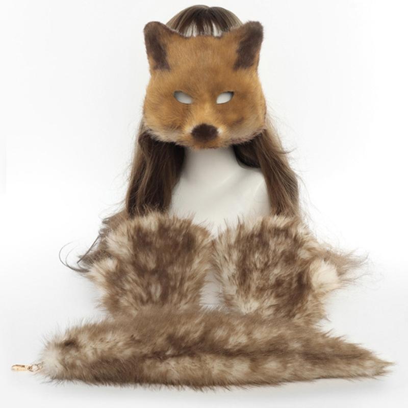 Foxes Costume Foxes Mask Cats Half Face Mask Foxes Tail Animal Fancy Costume Kit Accessories Halloween Cosplay Props