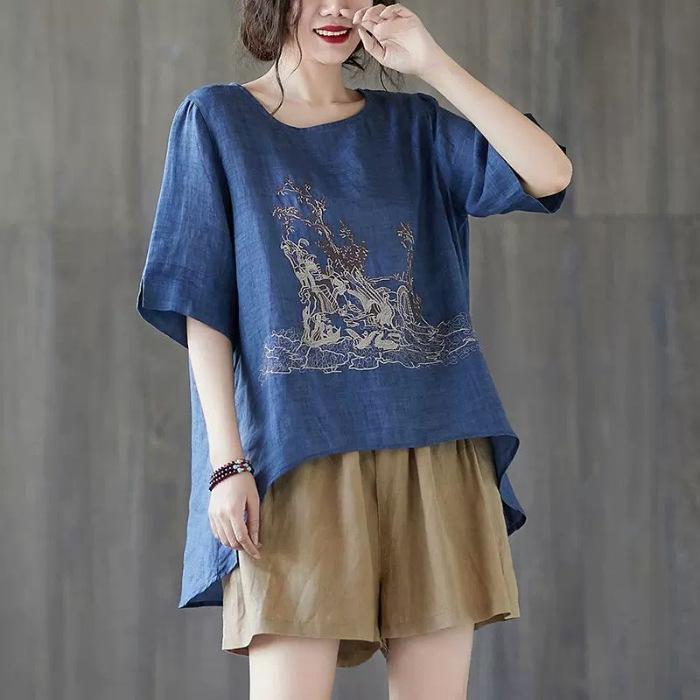 Literary Embroidered Cotton Linen Medium Long Short Front and Long Rear Irregular Hem Slit Top Short Sleeve Women's Summer T-shirt