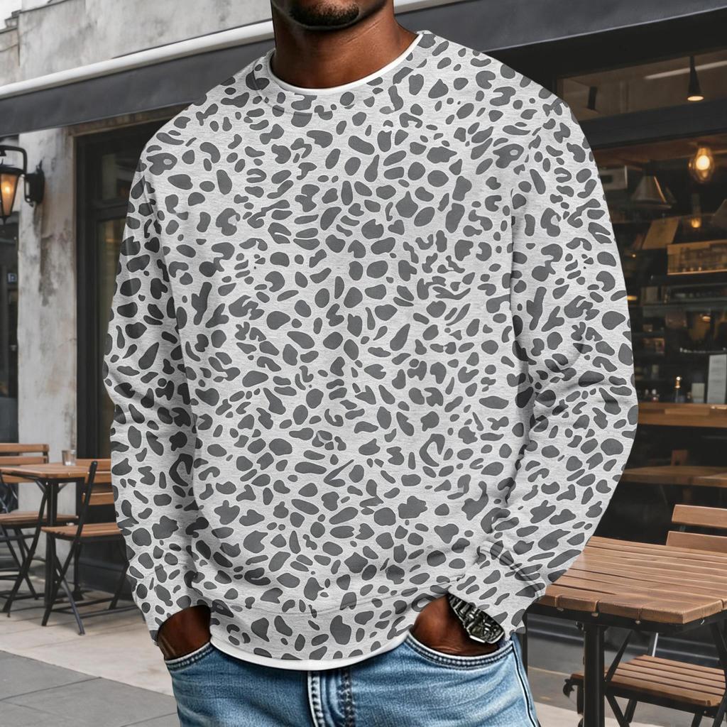 Men's Trendy Loose Fit Casual Leopard Print Long Sleeve Top with Lapel Collar