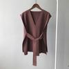 Split Hem Waist Coat with Belt Women's Autumn and Winter V-neck Knitted Vests Outer Wear Korean Version Loose Vest Women's Sleeveless Top