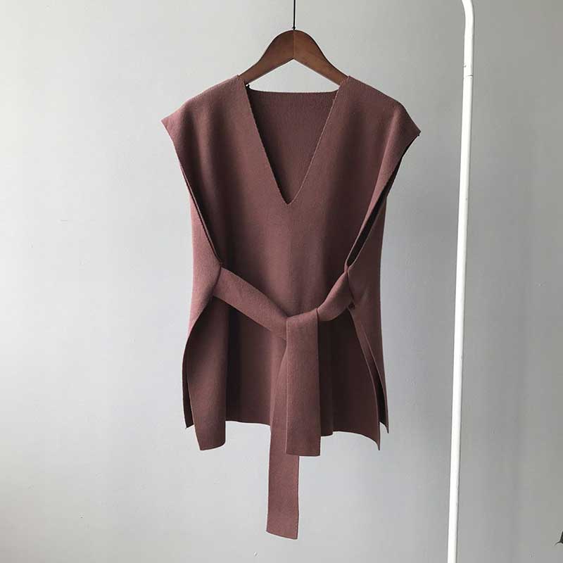 Split Hem Waist Coat with Belt Women's Autumn and Winter V-neck Knitted Vests Outer Wear Korean Version Loose Vest Women's Sleeveless Top