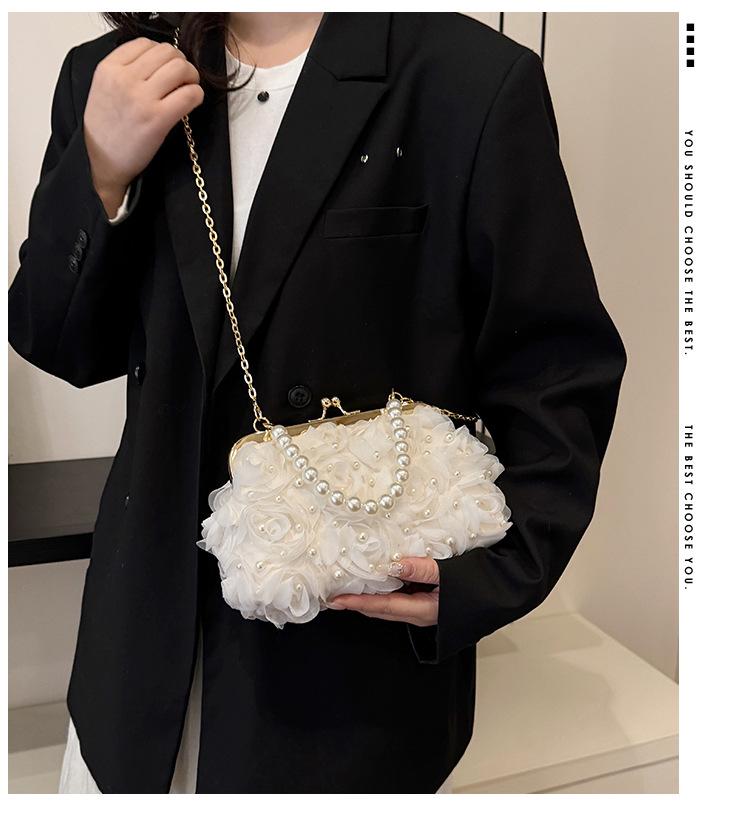 Women's Spring 2025 Pearl Evening Bag with Floral Design and Chain Strap