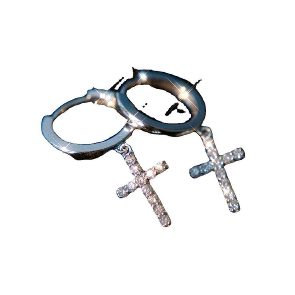 Versatile Gold-Plated S925 Sterling Silver Cross Earrings with Diamond-Set Ear Cuffs - Minimalist Light Luxury for Women
