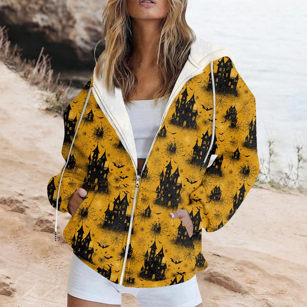 Women's Fashion Casual Halloween Printed Sweatshirt Long Sleeve With Pocket Cardigan Jacket Zipper Hoodie Coat