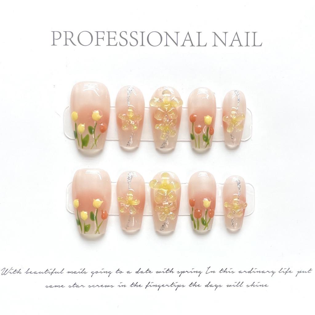 10pcs/set Purely Handmade Wearable Nails Removable Nail Art French Simple False Nails Finished Long and Short Nails