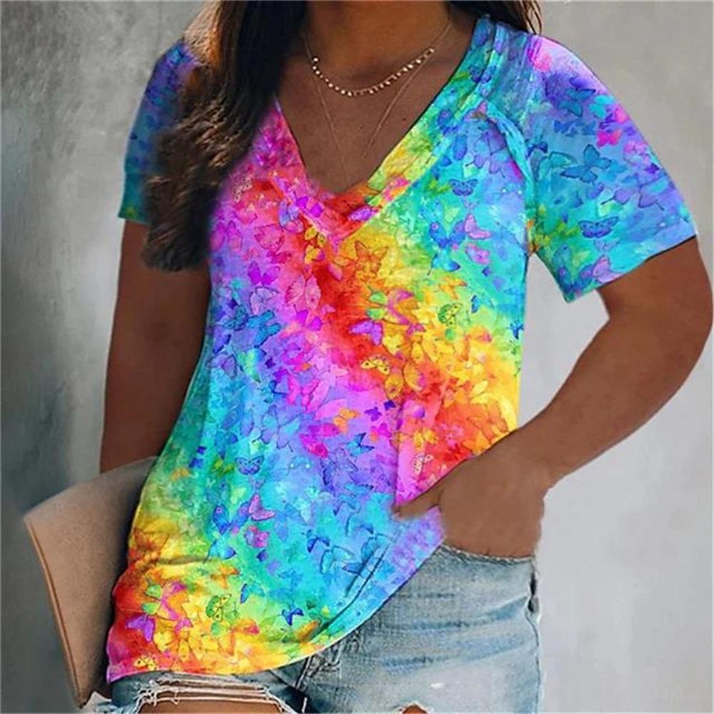 Women's Luxury T-shirt 3d Butterfly Print Short-sleeved V-neck Top Summer Fashion Casual Gradient Oversized Pullover