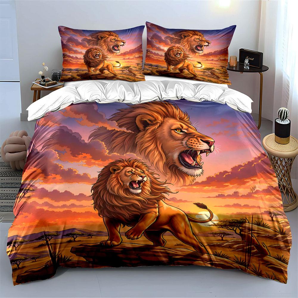 Majestic Lions Sunset Art Bedding Duvet Cover Set Duvet Cover Pillowcases (1*Duvet Cover 2*Pillowcases, Without Duvet Insert)