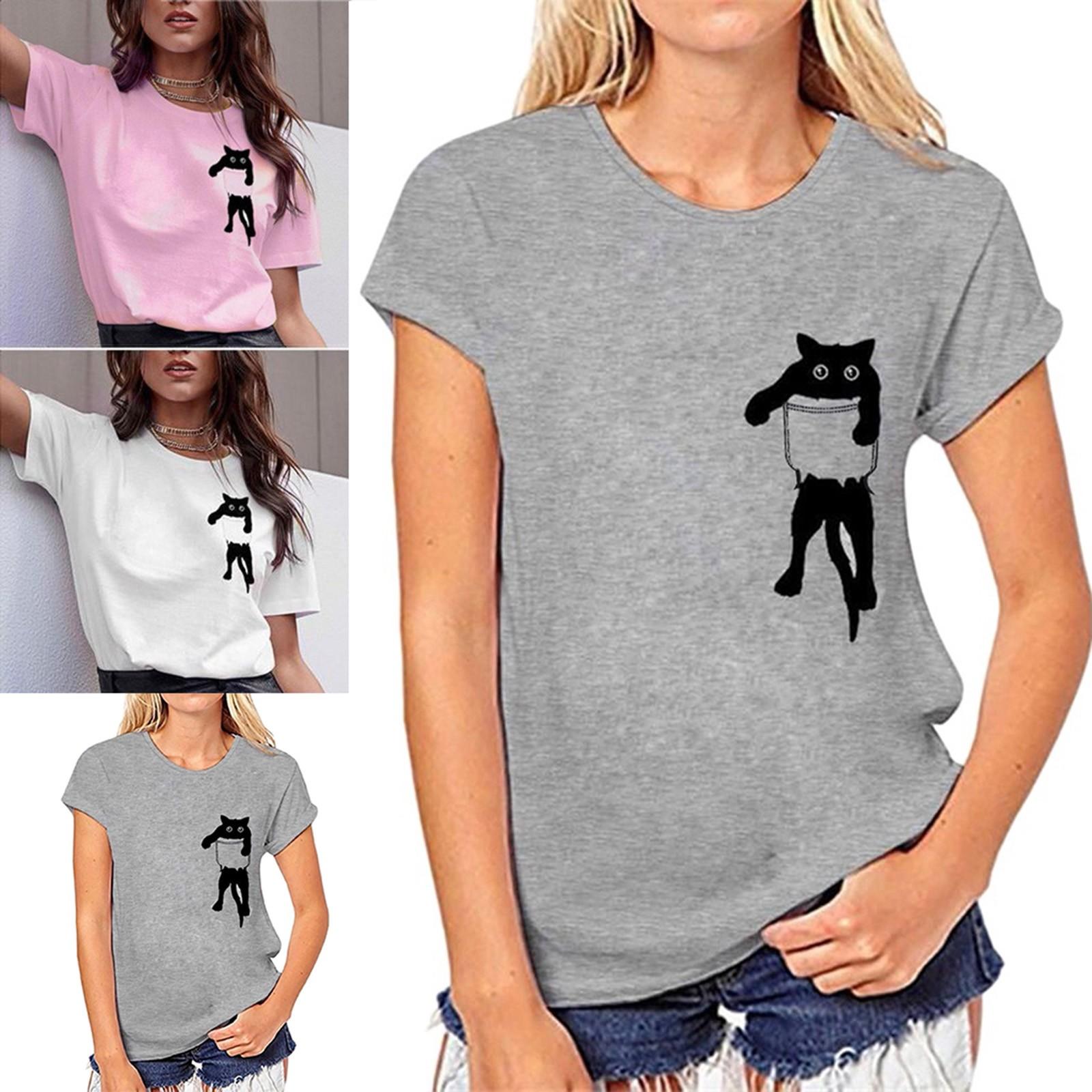 

Women Cat Print T-shirt Loose Short Sleeve Blouse Casual Pullover Tops
