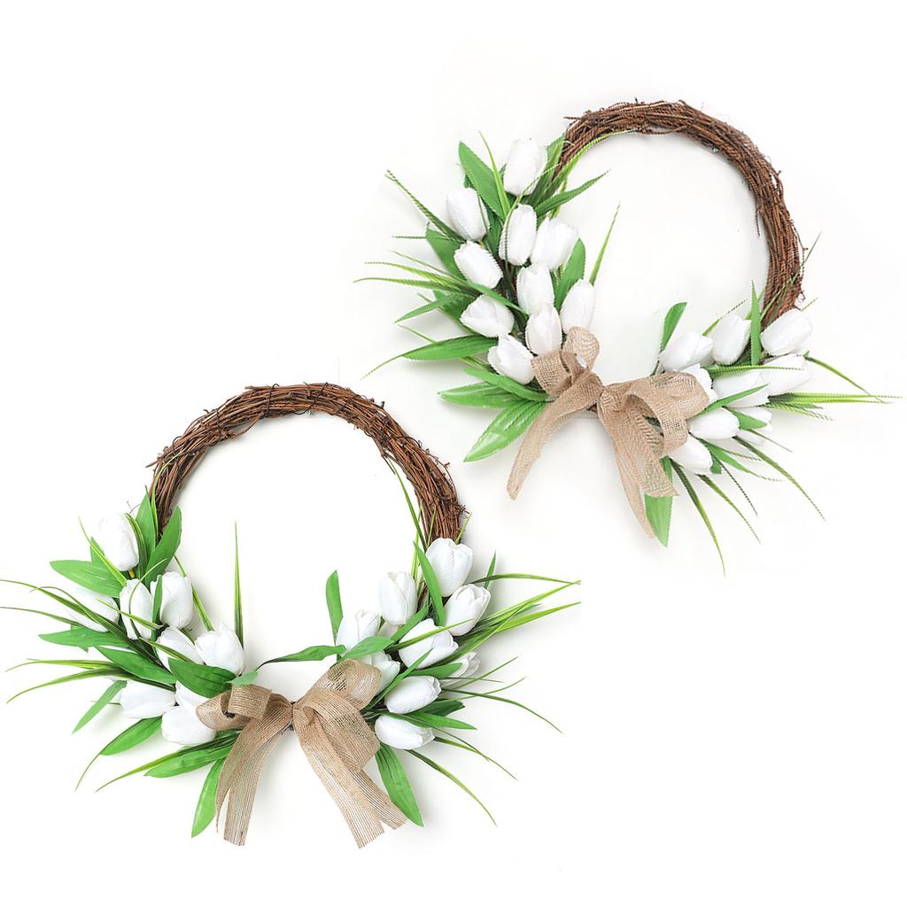 Front Door Wreath Hanging Decoration Simulated Flower Holiday Spring Home Decoration White with Rattan Hoop
